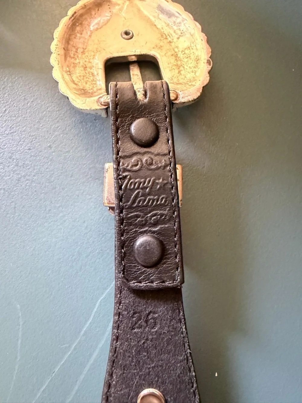 VTG 90s Tony Lama Black Leather Concho Belt - Scalloped Two Tone Buckle size 26 - Picture 3 of 5